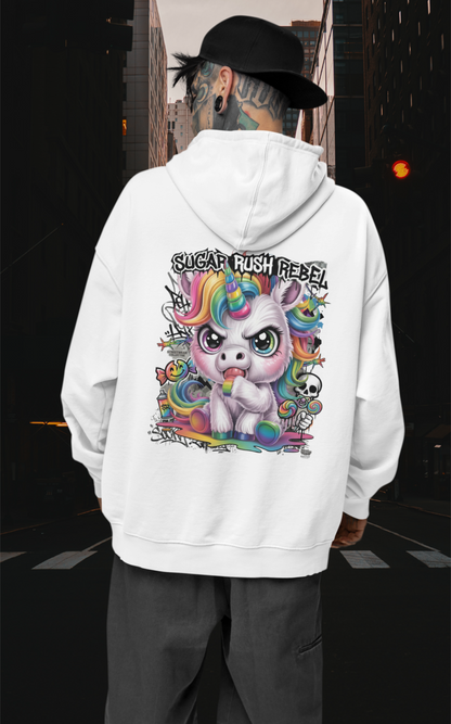 KRYOT Sugar Rush Rebel Hoodie Backprint Einhorn - Unisex Heavyweight Oversized Streetwear 350 GSM Bio-Baumwolle
