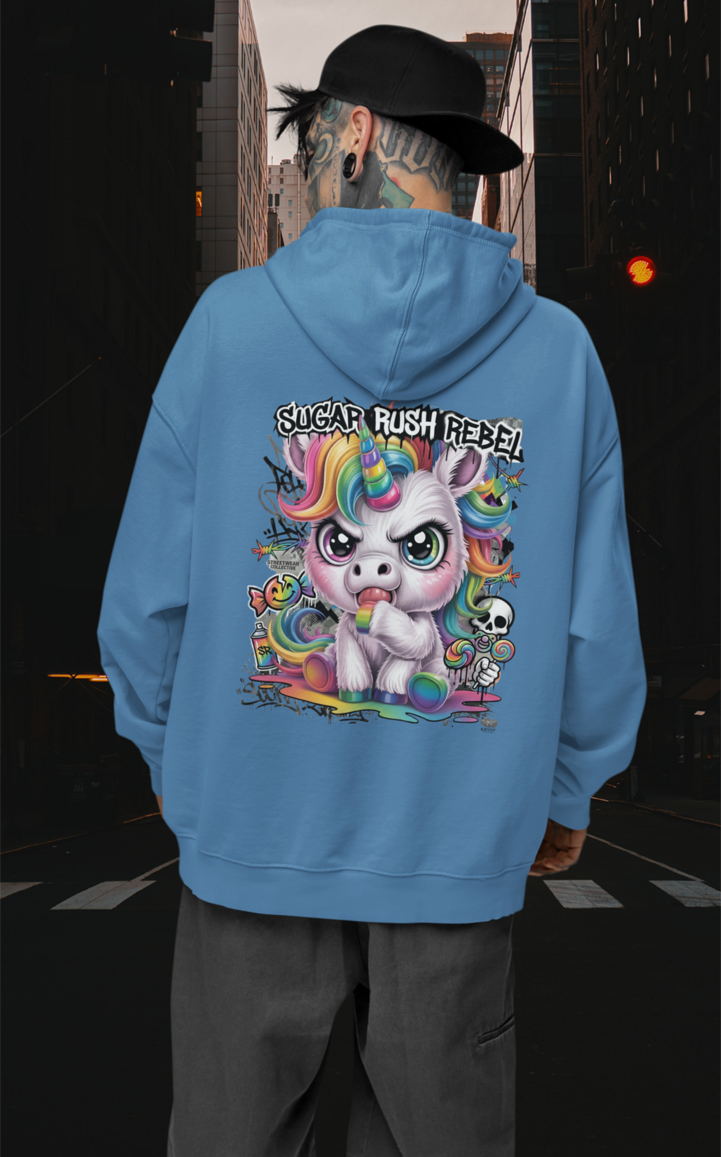 KRYOT Sugar Rush Rebel Hoodie Backprint Einhorn - Unisex Heavyweight Oversized Streetwear 350 GSM Bio-Baumwolle