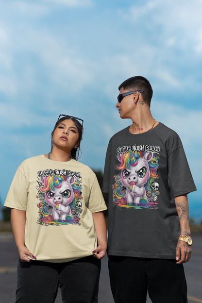 SUGAR RUSH REBEL Estampado frontal streetwear - Camiseta unisex extragrande de algodón orgánico Freestyler para adultos SH