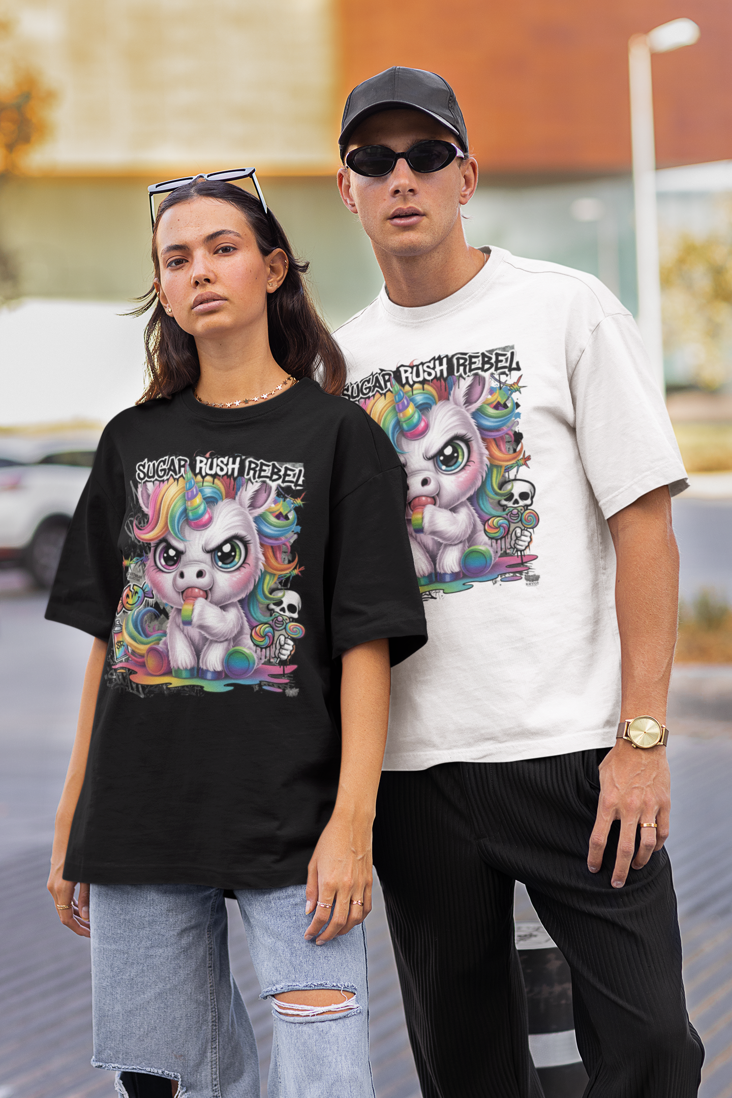 SUGAR RUSH REBEL Estampado frontal streetwear - Camiseta unisex extragrande de algodón orgánico Freestyler para adultos SH