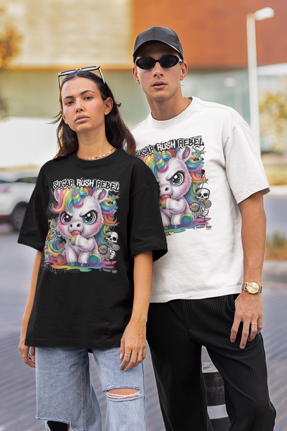 SUGAR RUSH REBEL Estampado frontal streetwear - Camiseta unisex extragrande de algodón orgánico Freestyler para adultos SH