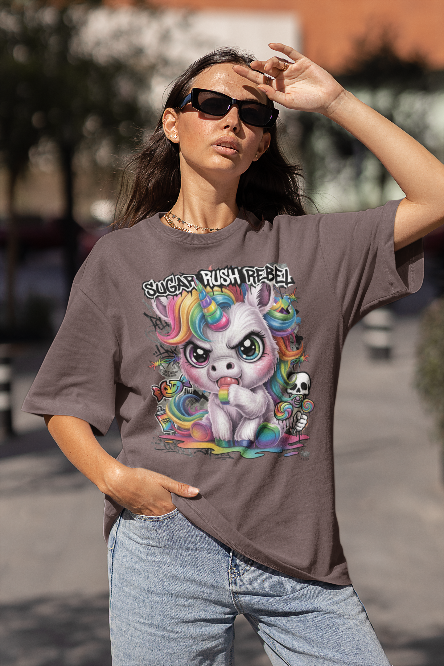 SUGAR RUSH REBEL Estampado frontal streetwear - Camiseta unisex extragrande de algodón orgánico Freestyler para adultos SH