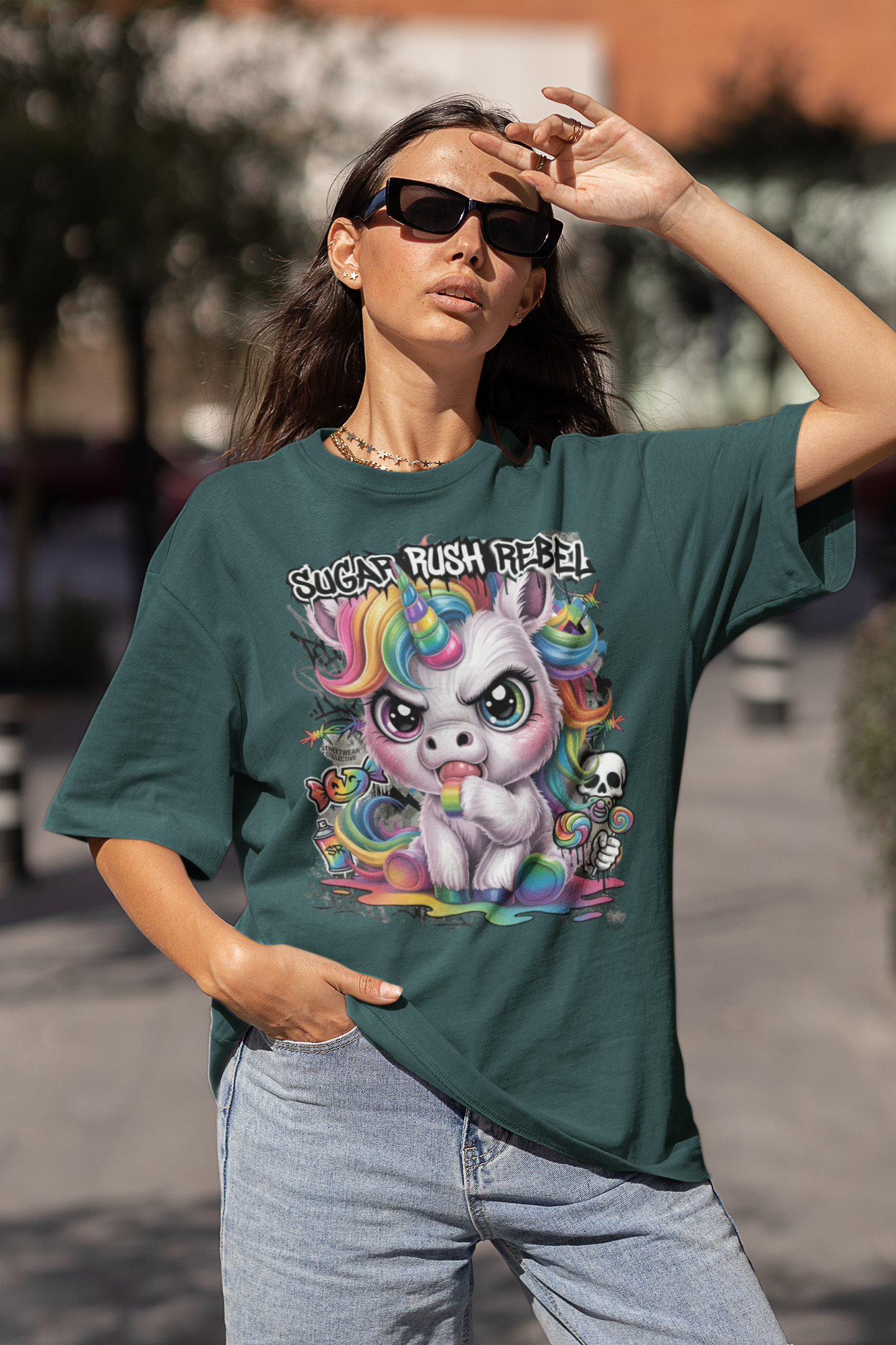 SUGAR RUSH REBEL Estampado frontal streetwear - Camiseta unisex extragrande de algodón orgánico Freestyler para adultos SH