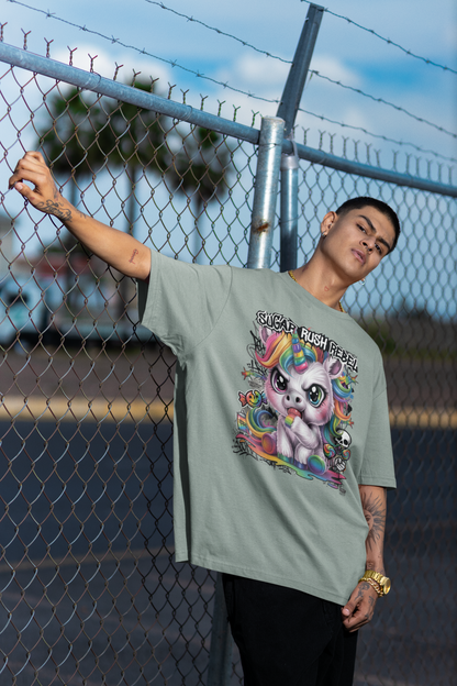 SUGAR RUSH REBEL Estampado frontal streetwear - Camiseta unisex extragrande de algodón orgánico Freestyler para adultos SH