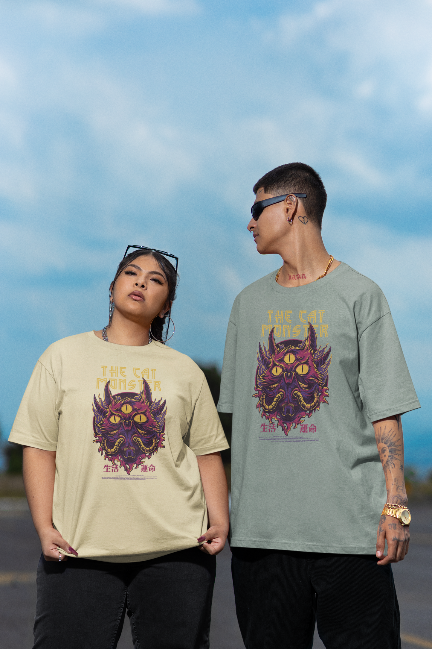 THE CAT MONSTER Warrior Streetwear Frontprint - Freestyler Bio Oversized Unisex T-Shirt Adultos SH