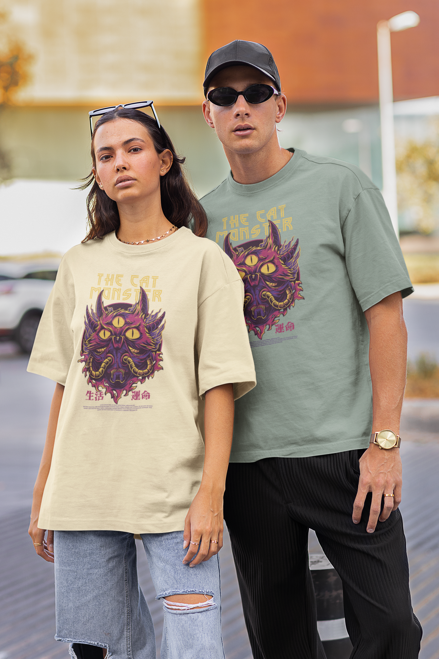 THE CAT MONSTER Warrior Streetwear Frontprint - Freestyler Bio Oversized Unisex T-Shirt Adultos SH