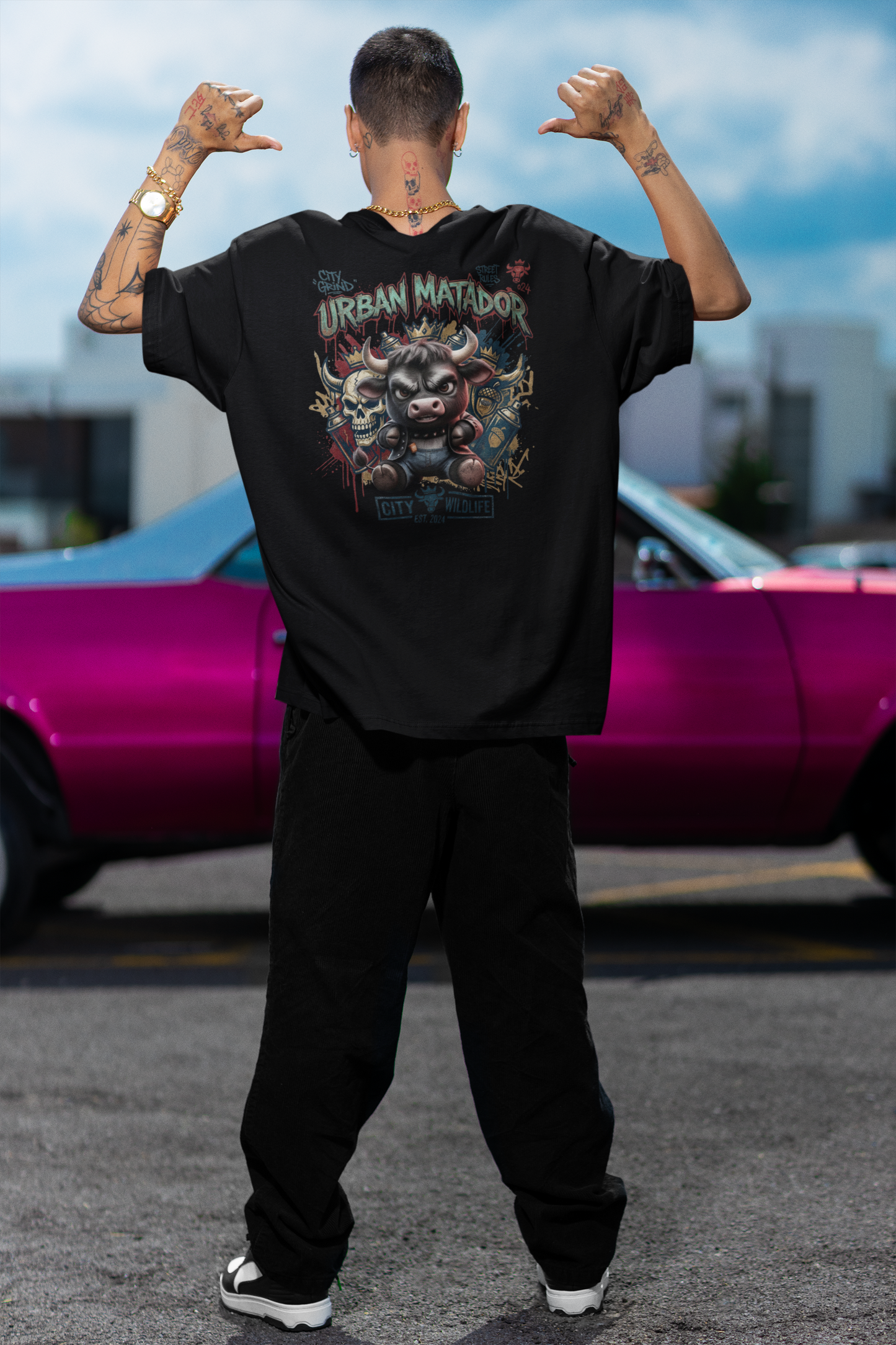 URBAN MATADOR TORRO Streetwear Backprint - Freestyler Bio Oversized Unisex Camiseta para Adultos SH