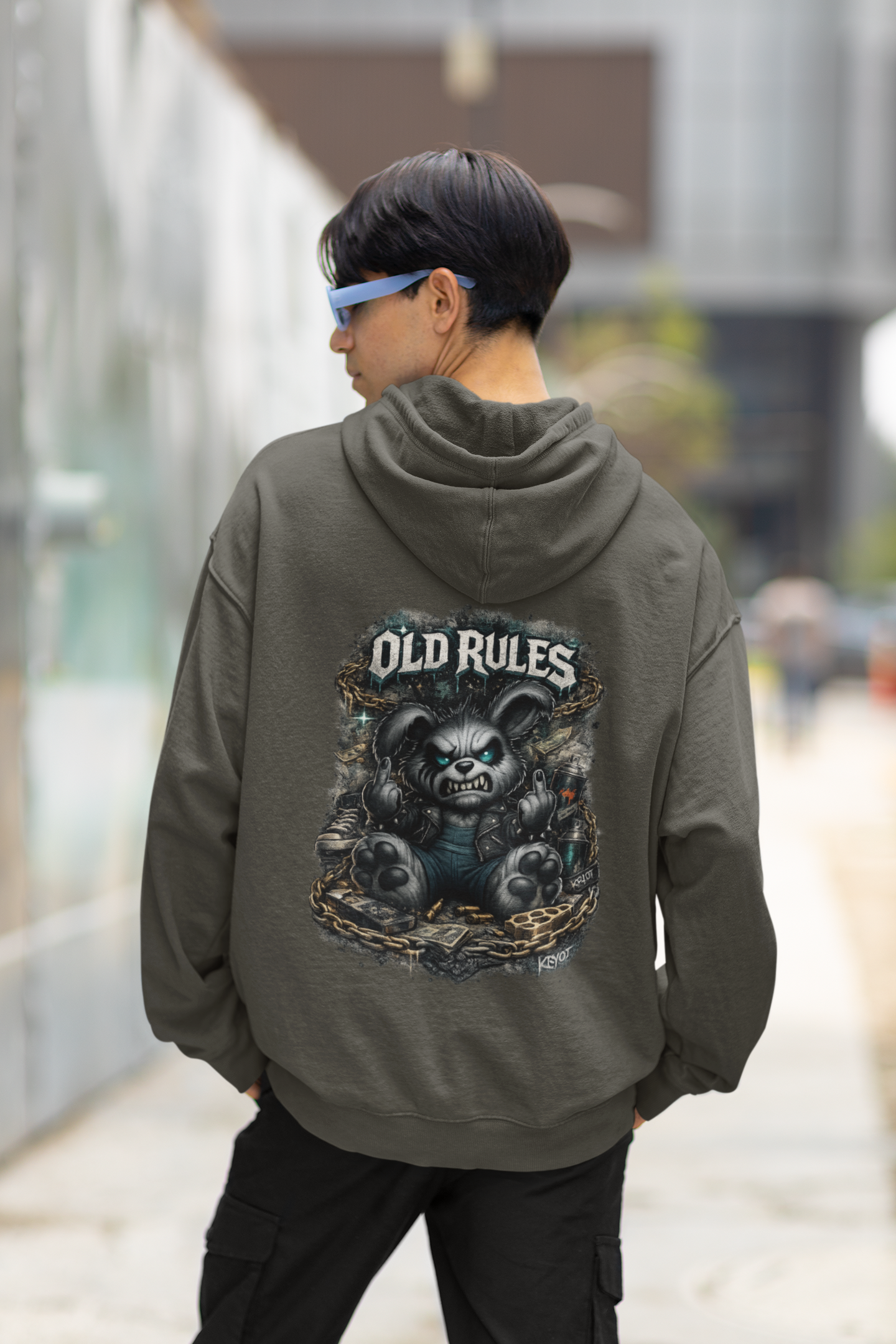 KRYOT White Noise Old Rules II Hoodie Backprint Rebel Rabbit - Unisex Heavyweight Oversized Streetwear 350 GSM Bio-Baumwolle