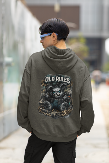 KRYOT White Noise Old Rules II Hoodie Backprint Rebel Rabbit - Unisex Heavyweight Oversized Streetwear 350 GSM Bio-Baumwolle