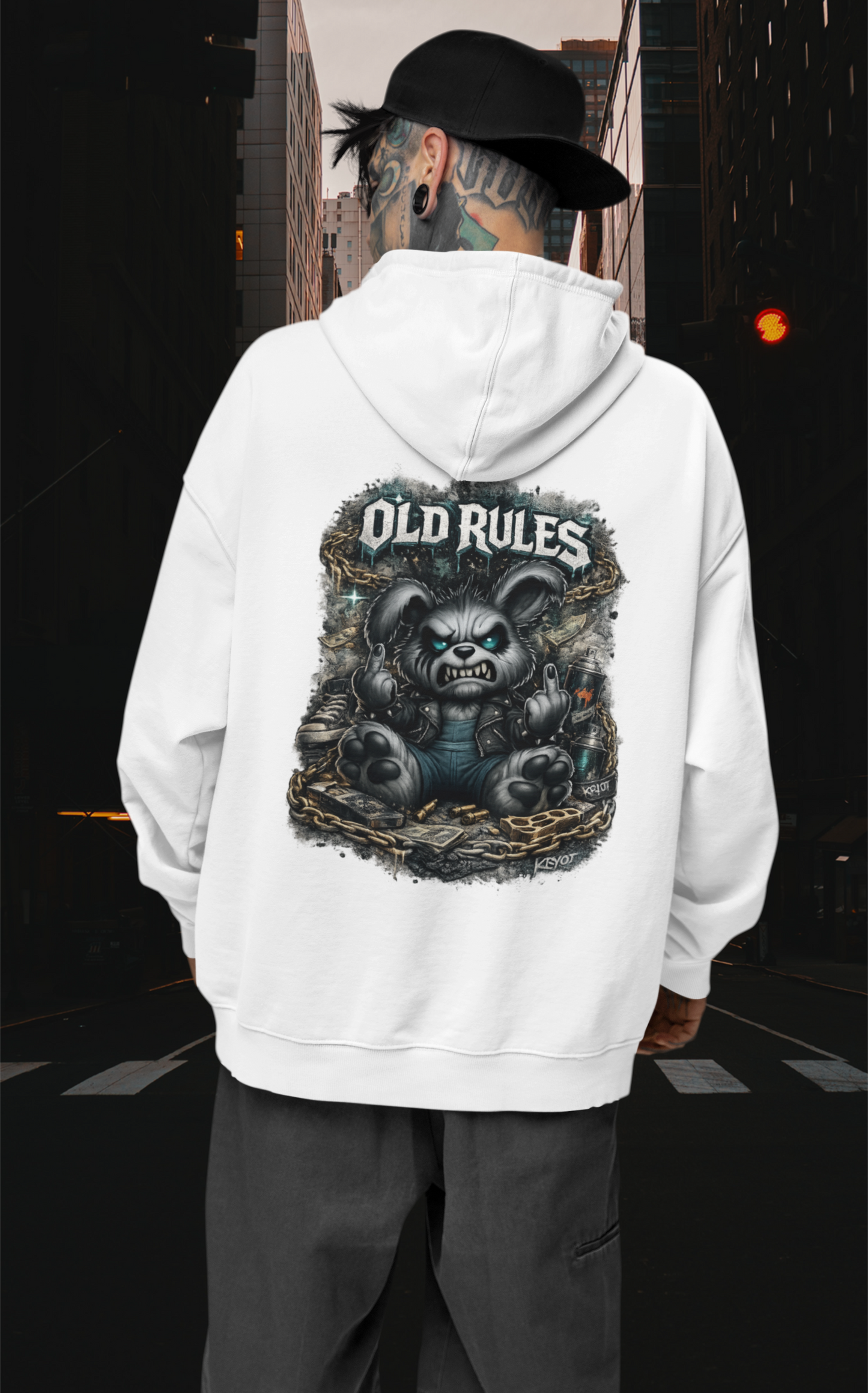 KRYOT White Noise Old Rules II Hoodie Backprint Rebel Rabbit - Unisex Heavyweight Oversized Streetwear 350 GSM Bio-Baumwolle