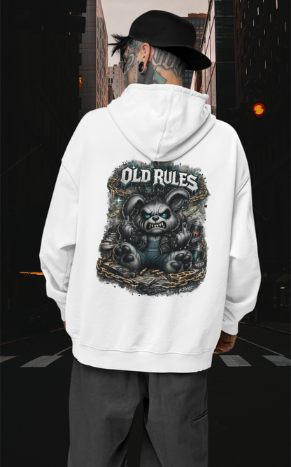 KRYOT White Noise Old Rules II Hoodie Backprint Rebel Rabbit - Unisex Heavyweight Oversized Streetwear 350 GSM Bio-Baumwolle
