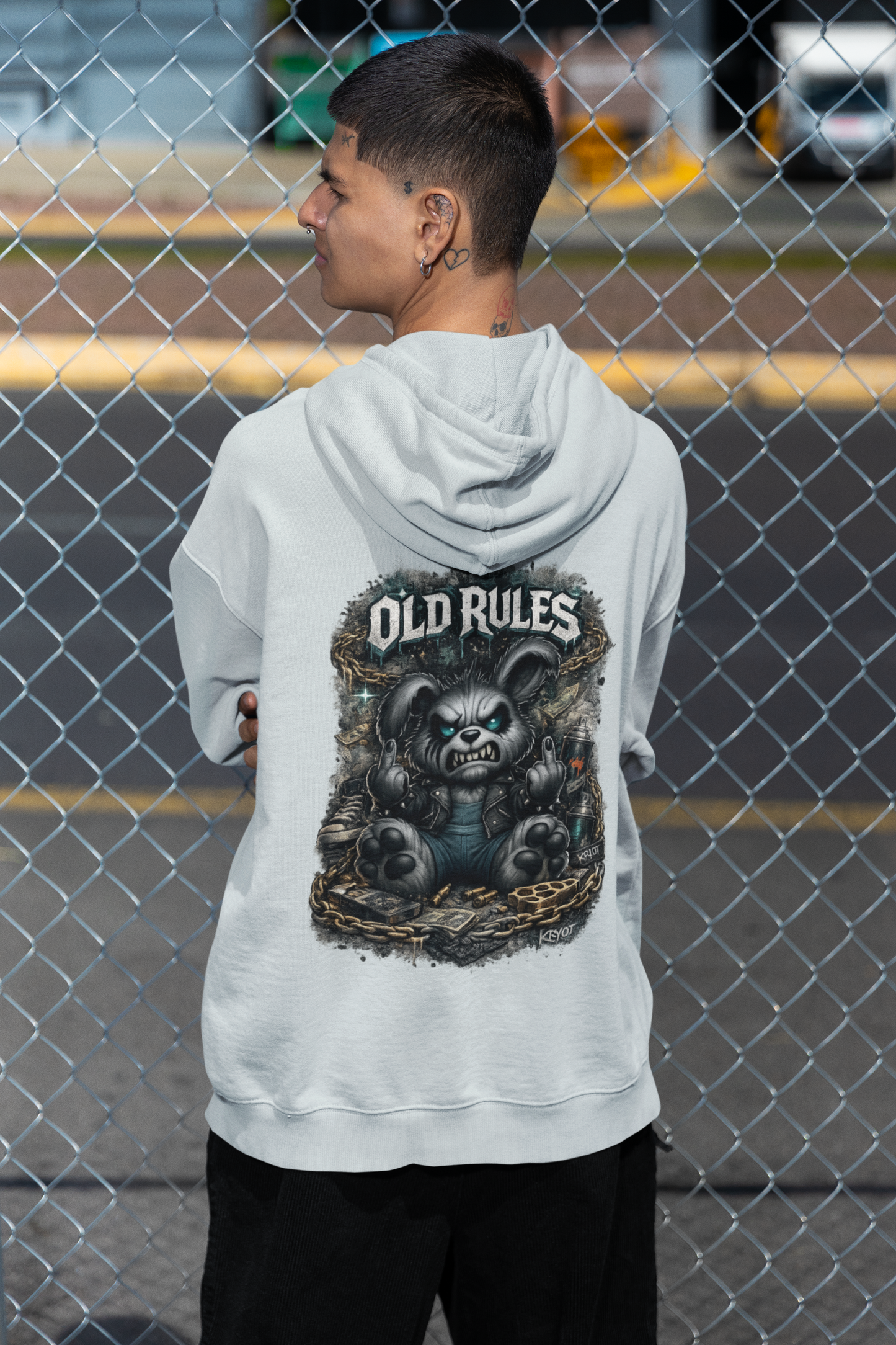 KRYOT White Noise Old Rules II Hoodie Backprint Rebel Rabbit - Unisex Heavyweight Oversized Streetwear 350 GSM Bio-Baumwolle