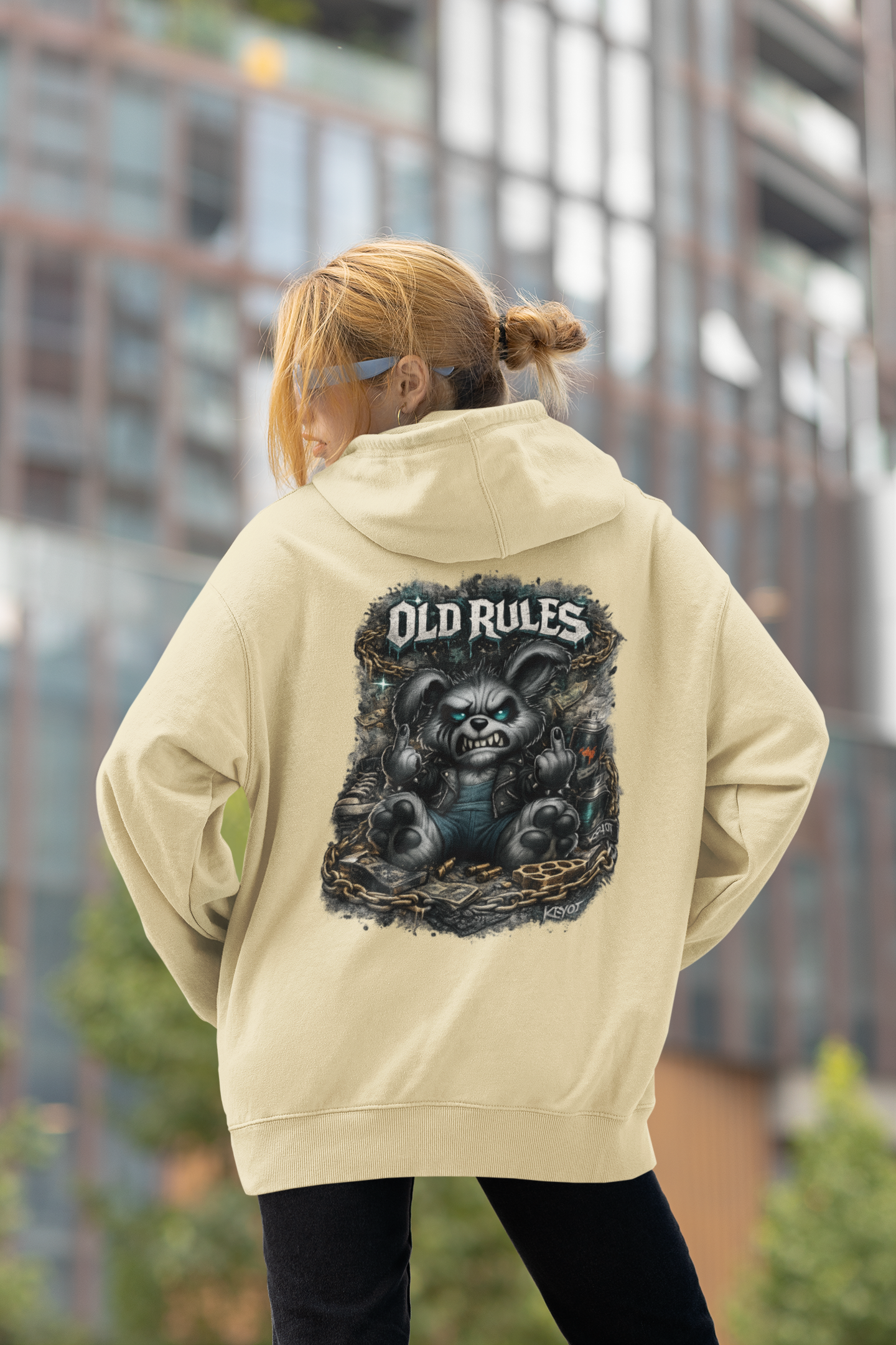 KRYOT White Noise Old Rules II Hoodie Backprint Rebel Rabbit - Unisex Heavyweight Oversized Streetwear 350 GSM Bio-Baumwolle