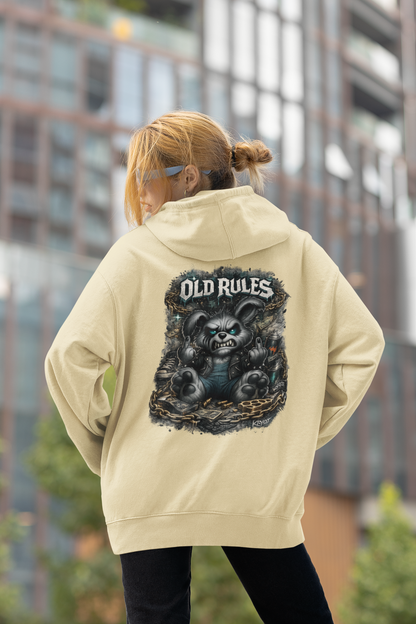 KRYOT White Noise Old Rules II Hoodie Backprint Rebel Rabbit - Unisex Heavyweight Oversized Streetwear 350 GSM Bio-Baumwolle
