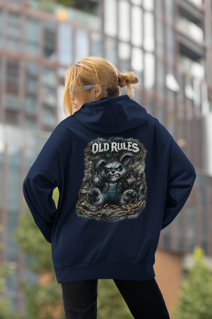 KRYOT White Noise Old Rules II Hoodie Backprint Rebel Rabbit - Unisex Heavyweight Oversized Streetwear 350 GSM Bio-Baumwolle