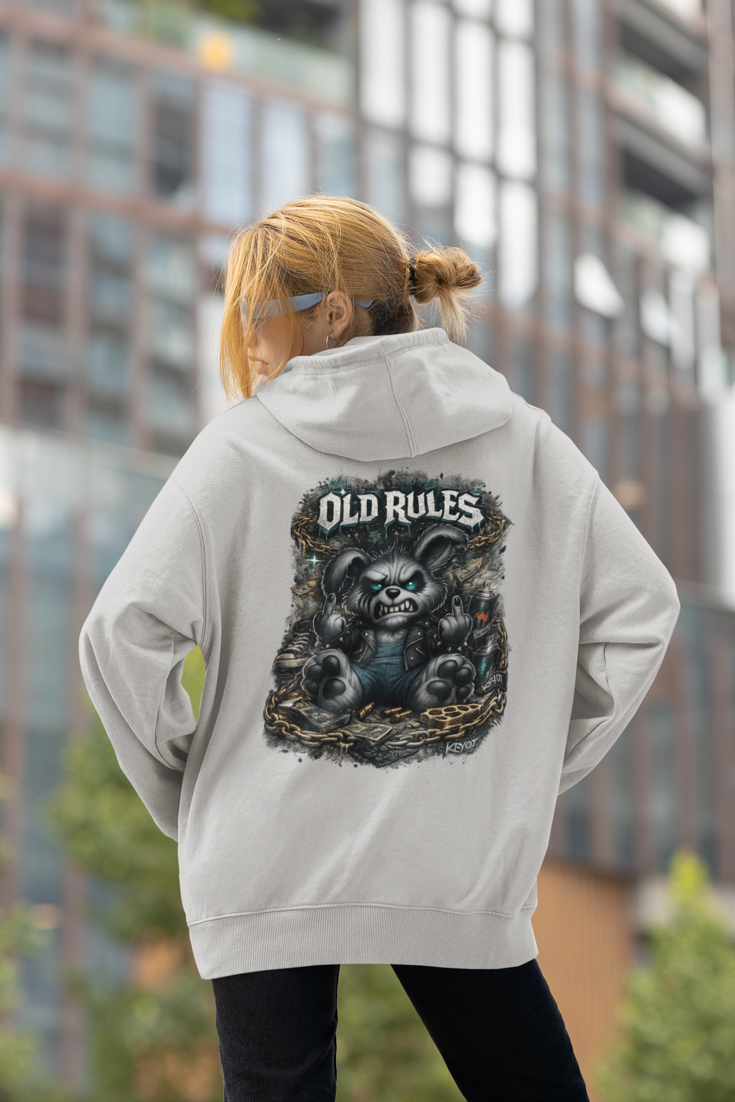 KRYOT White Noise Old Rules II Hoodie Backprint Rebel Rabbit - Unisex Heavyweight Oversized Streetwear 350 GSM Bio-Baumwolle