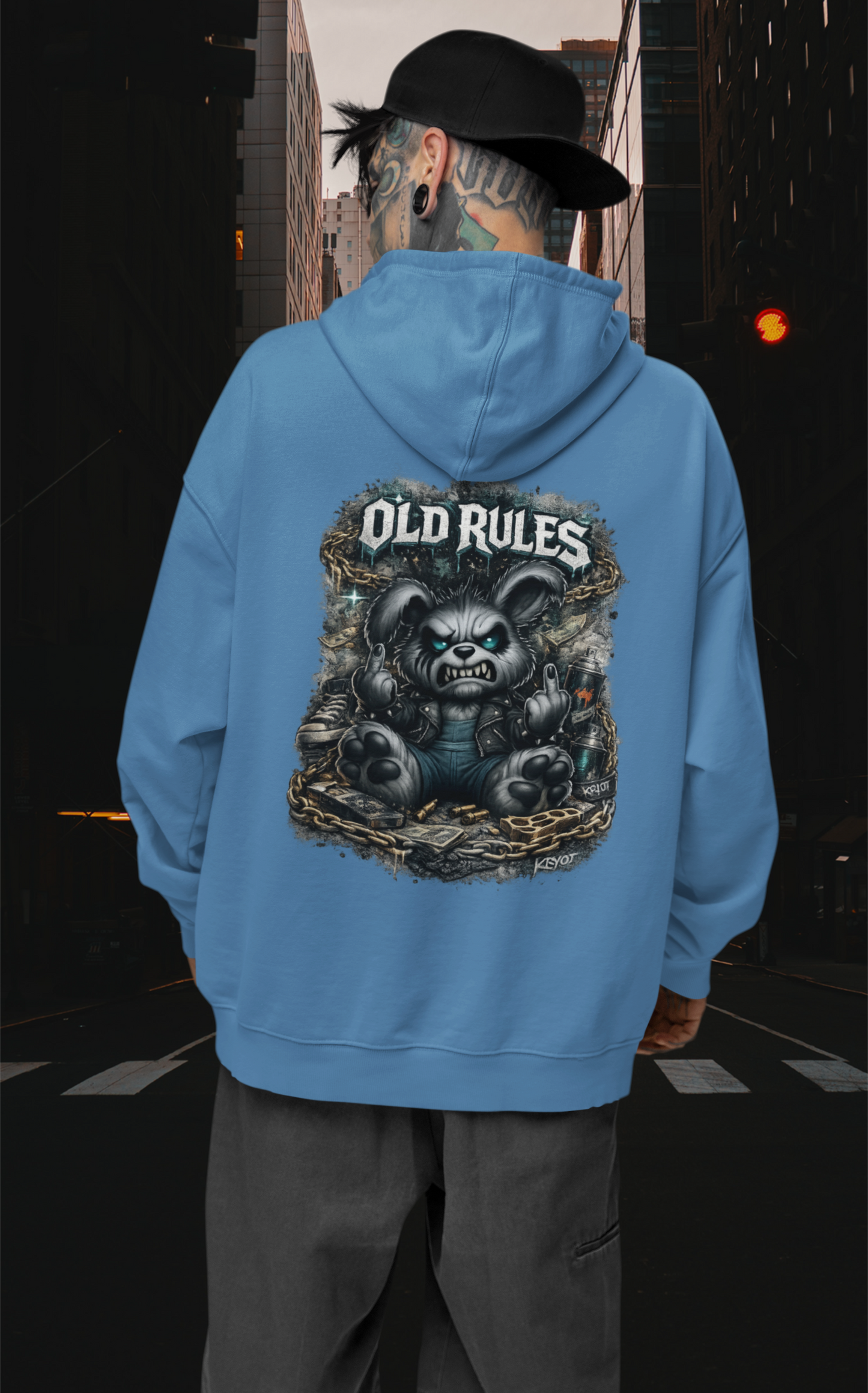 KRYOT White Noise Old Rules II Hoodie Backprint Rebel Rabbit - Unisex Heavyweight Oversized Streetwear 350 GSM Bio-Baumwolle