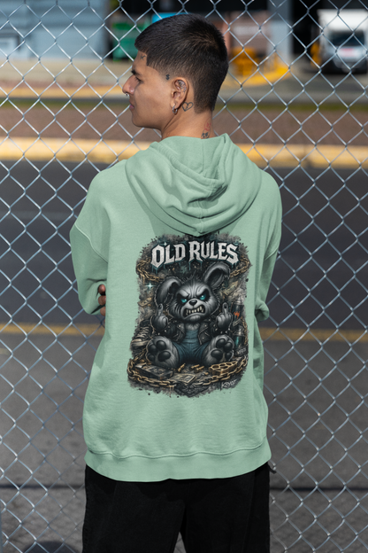 KRYOT White Noise Old Rules II Hoodie Backprint Rebel Rabbit - Unisex Heavyweight Oversized Streetwear 350 GSM Bio-Baumwolle