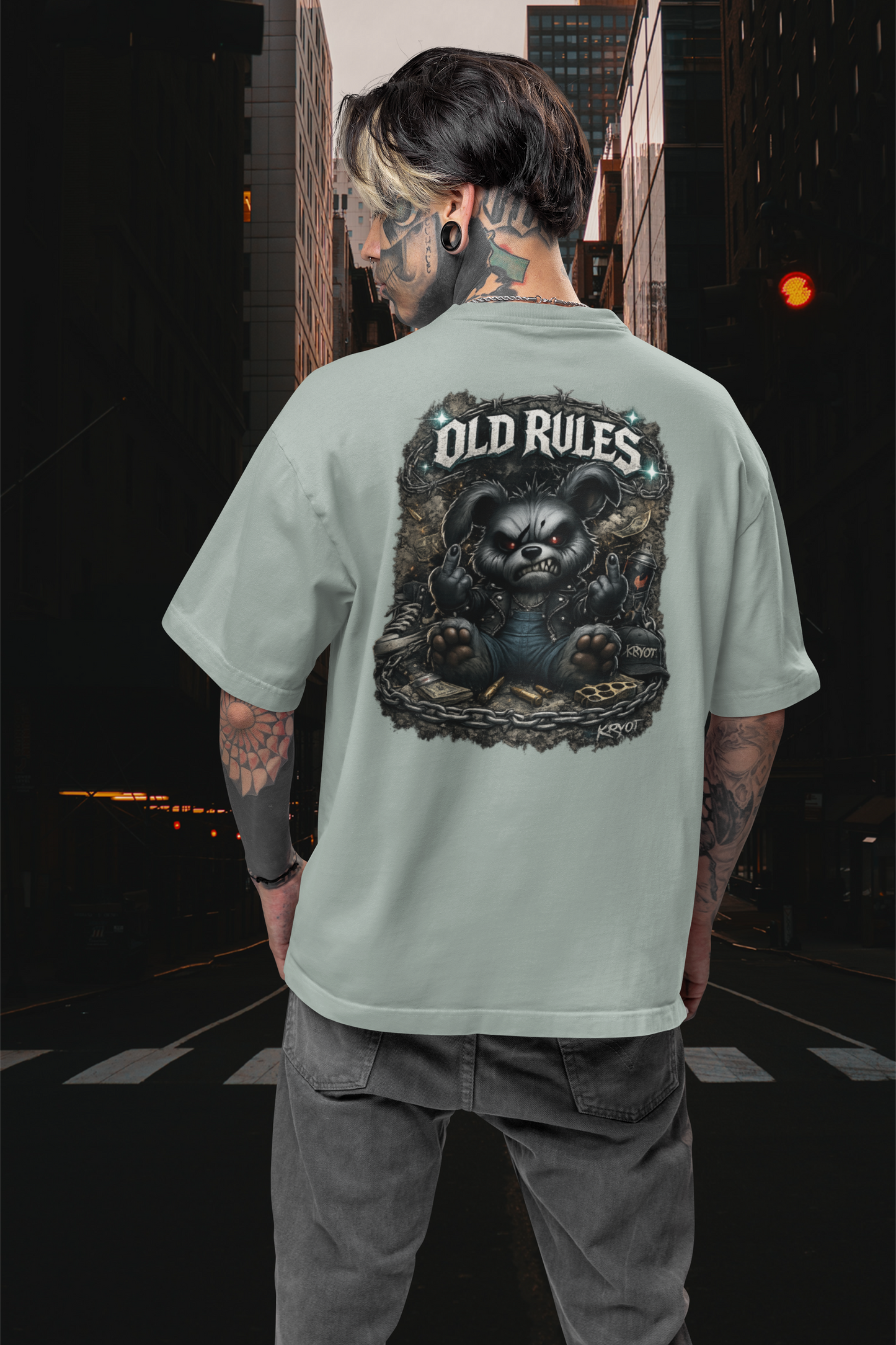 WHITE NOISE OLD RULES I Kryot Streetwear Backprint - Camiseta Freestyler Bio Oversized Unisex Adulto