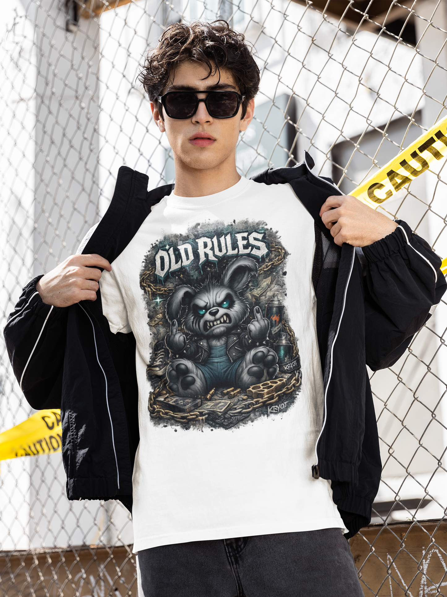 KRYOT White Noise Old Rules II T-Shirt Frontprint Rebel Rabbit - Unisex Bio-Baumwolle T-Shirt 180 GSM