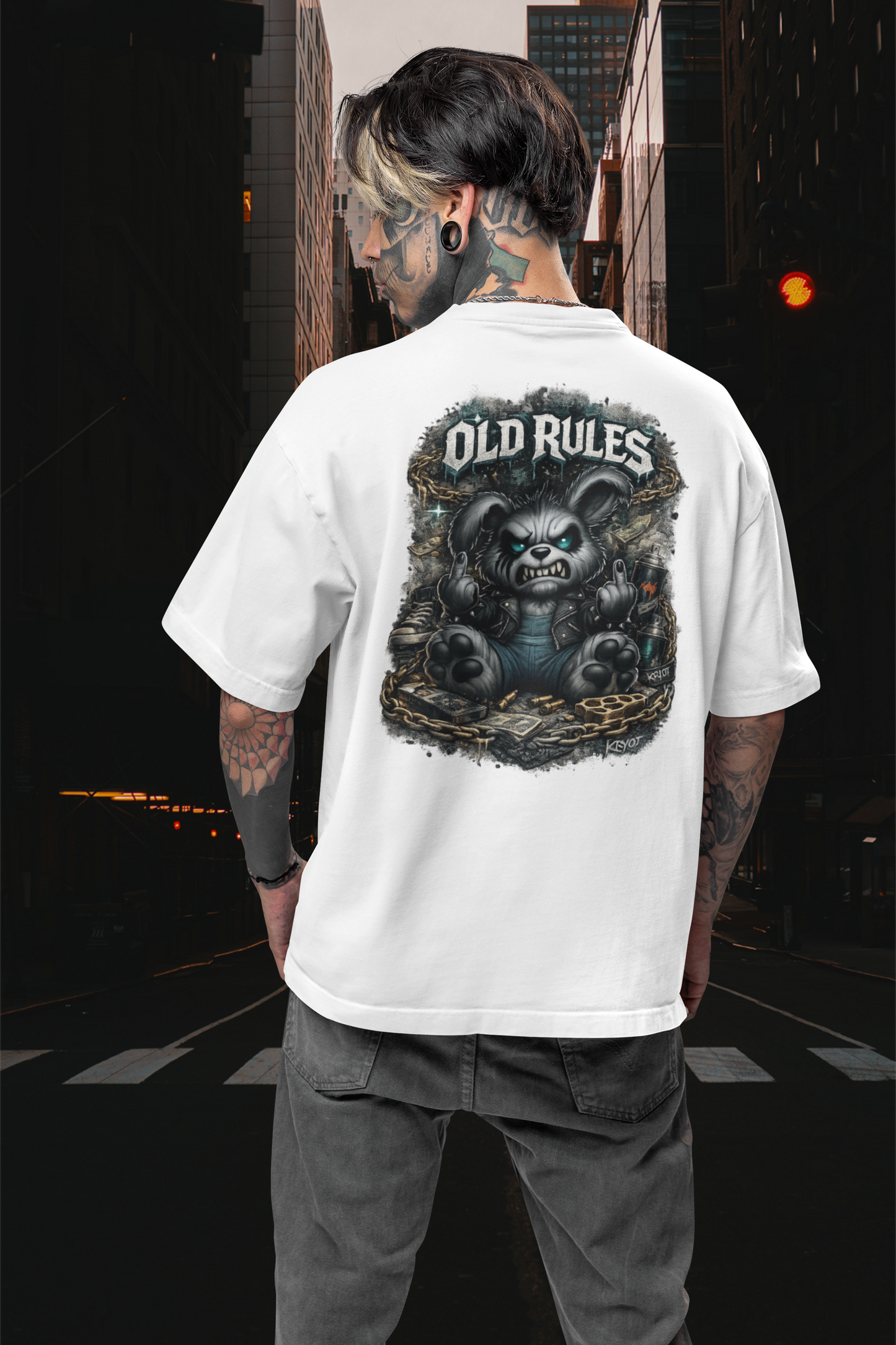 WHITE NOISE OLD RULES II Kryot Streetwear Backprint - Freestyler Organic Oversized Unisex T-Shirt Adult SH