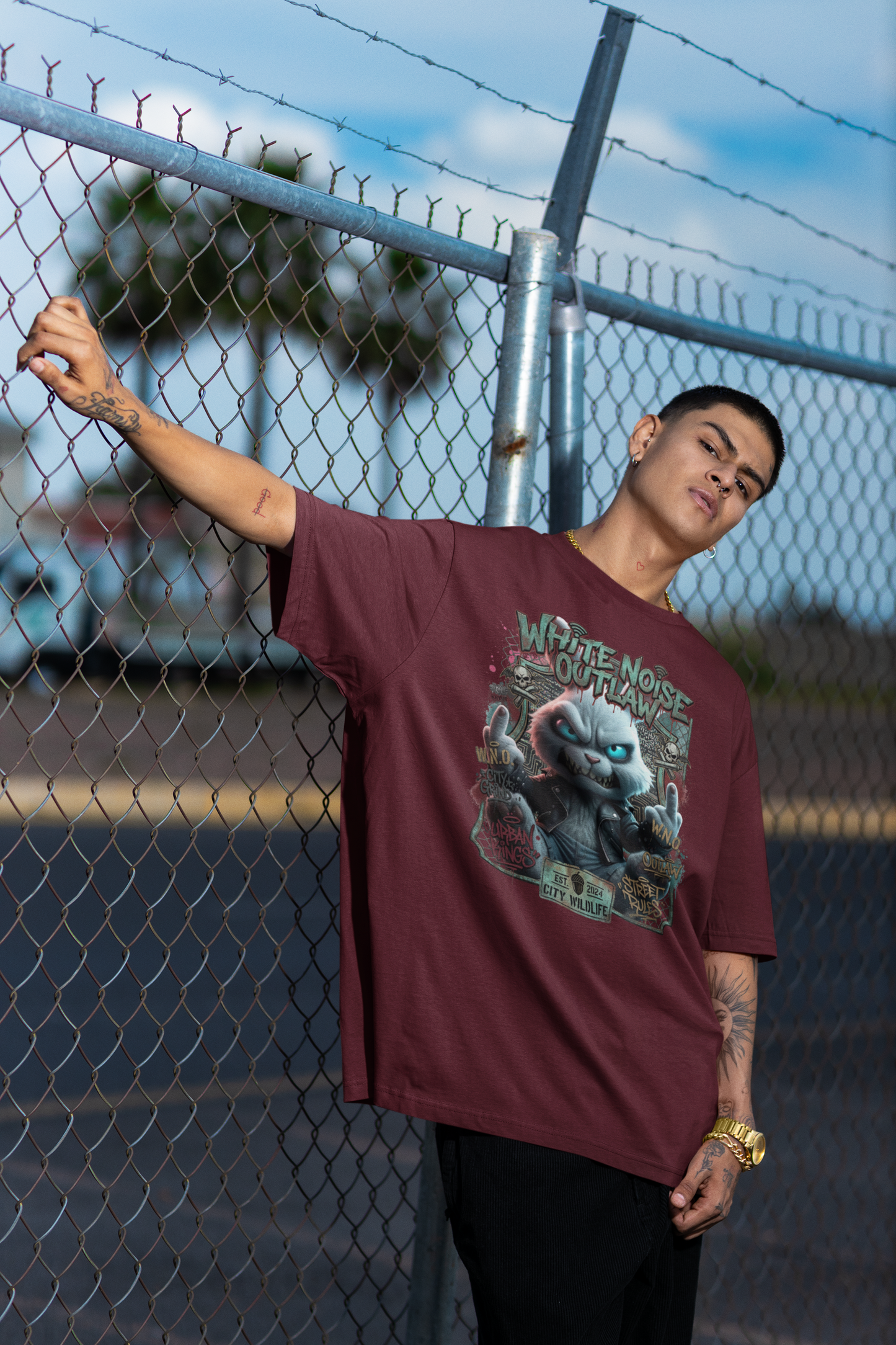 WHITE NOISE OUTLAW Kryot Streetwear Frontprint - Camiseta unisex extragrande de algodón orgánico para adultos Freestyler SH